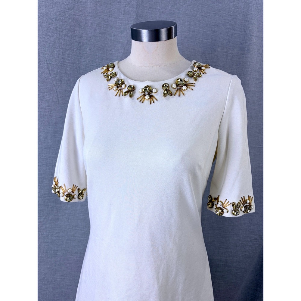 Eliza J Ivory Jewel Embellished Shift Dress Gold Beaded Neckline Size 8 - Picture 2 of 8